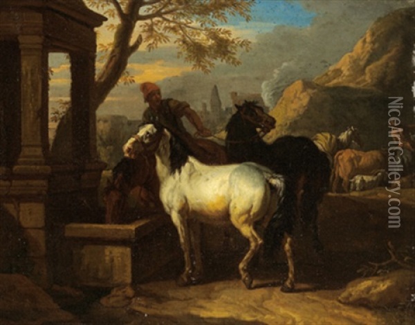 Pferde An Der Tranke In Einer Sudlichen Landschaft Oil Painting - Pieter van Bloemen
