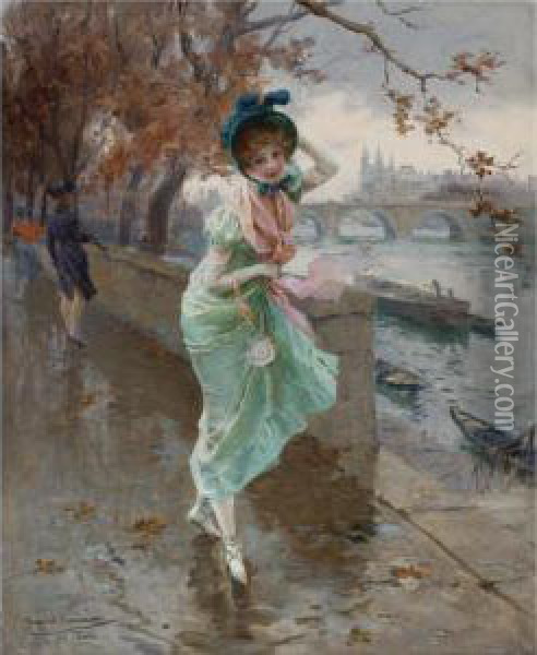 Elegant Lady On The Quay Of Paris Oil Painting - Daniel Hernandez Morillo