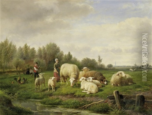 Kinder Beim Vieh Auf Der Weide Oil Painting - Frans Lebret