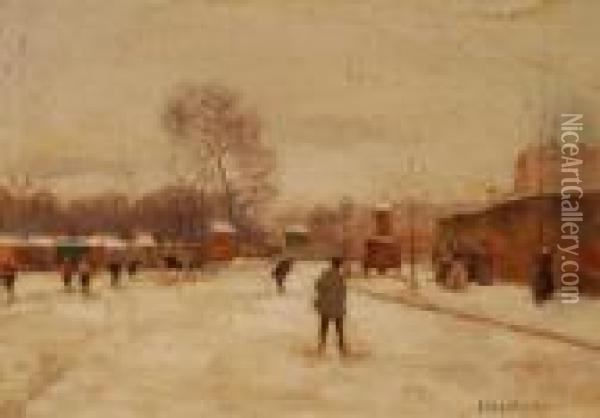 Busy Snow Covered Street Scene Oil Painting - Luigi Loir