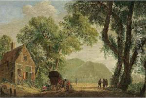 A Wooded Landscape With Travellers With Their Wagon Resting Near A Tavern Oil Painting - Pieter Jacobsz. Van Liender
