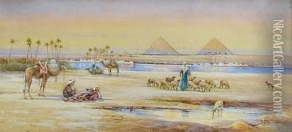 Arabs At An Oasis Near The Pyramids Oil Painting - Frederick Goodall