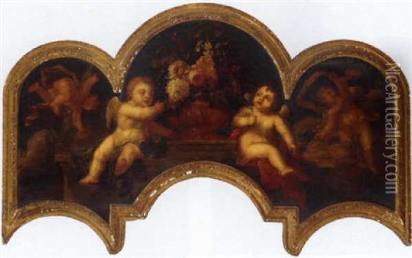 Putti With An Urn Of Flowers On A Ledge Oil Painting - Pieter Casteels III