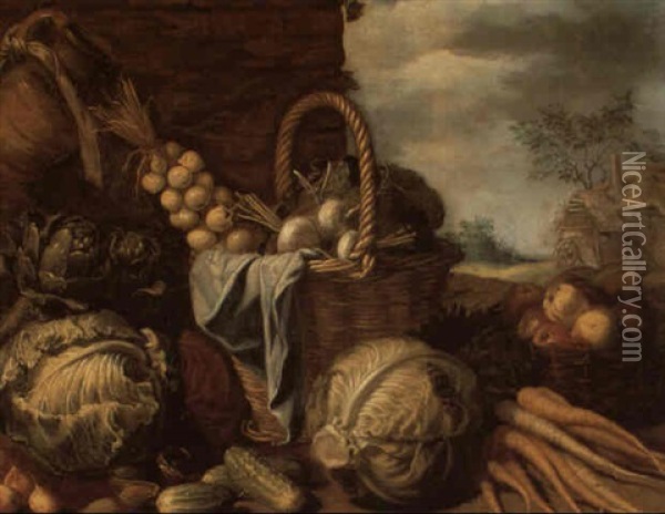 Fruits Et Legumes Dans Un Paysage Oil Painting - Peter van Boeckel