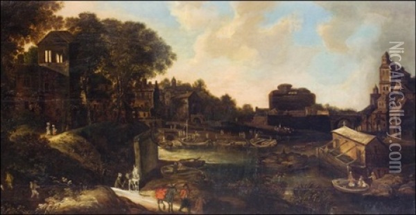 Italialainen Kaupunki Joen Varrella - En Italiensk Stad Vid Floden Oil Painting - Philips de Momper the Elder