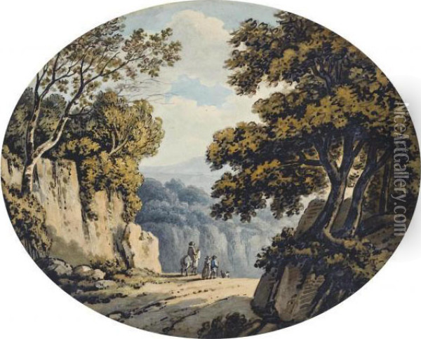 Travellers Admiring The View From The Edge Of A Gorge Oil Painting - Robert Adam
