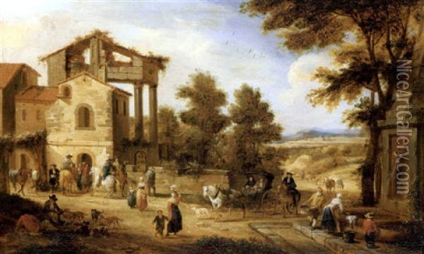 The Outskirts Of A Town With A Washerwoman, Travellers And Resting Labourers, A Landscape Beyond (collab. With Adrian Frans Boudewijns) Oil Painting - Pieter Bout