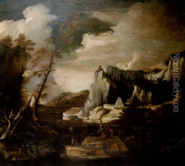 A River Landscape With Anglers On The Rocks In The Foreground Oil Painting - Pietro Montanini