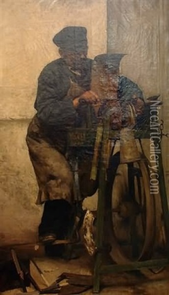 Scissor Grinder, Gentleman At Grindstone Oil Painting - Louis Capdevielle