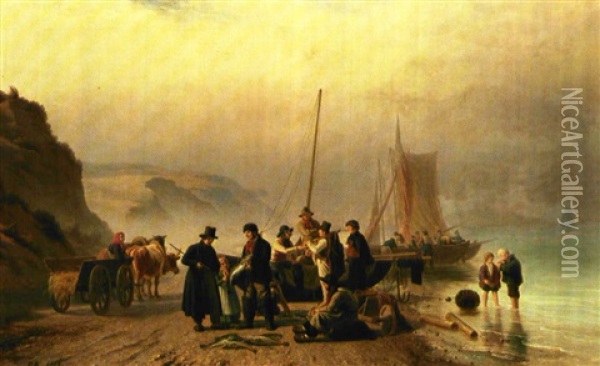 Fiskere Pa Stranden Saelger Deres Fangst Oil Painting - Peter (Johann P.) Raadsig