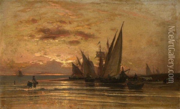 Fishing Boats At Sunrise Oil Painting - Vladimir Donatovitch Orlovsky