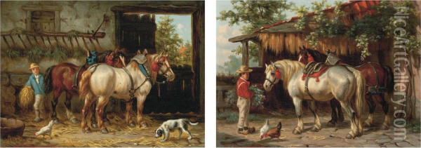 Feeding The Horses; And The End Of The Day Oil Painting - Willem Jacobus Boogaard
