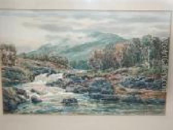 A Mountain Torrent Near Balmoral Castle, Braemar, Scotland Oil Painting - John Hamilton Glass