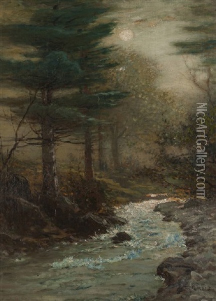 Gill Brook, River Through A Forest Interior Oil Painting - Arthur Parton