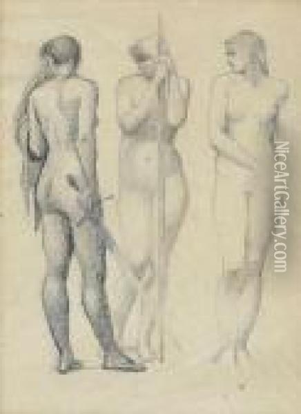 . Study Of Three Female Nudes For 'arthur In Avalon' Oil Painting - Sir Edward Coley Burne-Jones