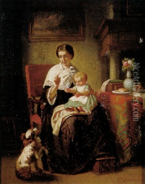 Mutter Mit Kleinkind Auf Dem Schos Zeigt, Wie Das Hundchen Mannchen Macht Oil Painting - Pieter Jan Onderberg