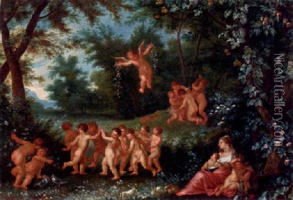 Putti Cavorting In A Forest Oil Painting - Hendrick De Clerck