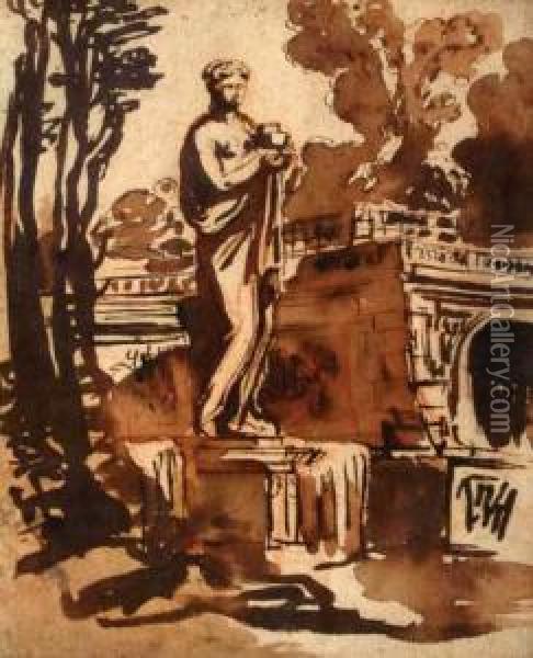 Statue In A Garden Oil Painting - Augustinus I Terwestenl Parodijsvogel