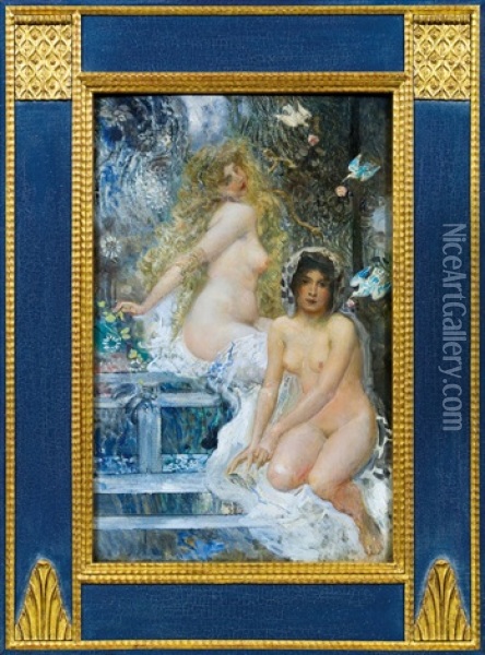 Two Female Nudes Oil Painting - Eduard Veith