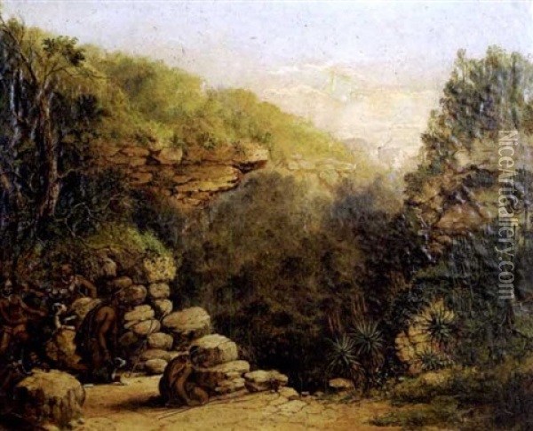 Xhosa Hunters Pursuing A Leopard Oil Painting - Frederick Timpson I'Ons