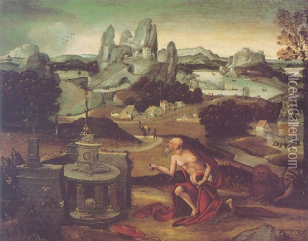 Saint Jerome In Penitence, In An Extensive Rocky Landscape Oil Painting - Joachim Patinir