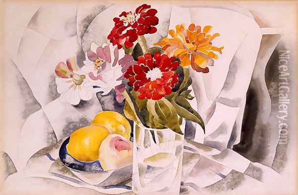 Zinnias and a Blue Dish with Lemons Oil Painting - Charles Demuth