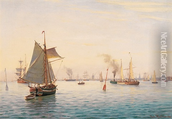 Blick Auf Den Morgendlichen Hafen Von Kopenhagen Mit Zahlreichen Schiffen Oil Painting - Johan Jens Neumann