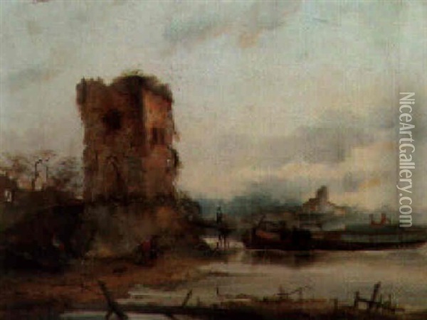 Barges In A River Estuary Beside A Ruined Tower Oil Painting - Francois-Etienne Musin