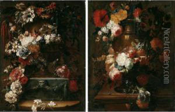 Still Lifes Of Flower Garlands Adorning Gilt Urns, Upon Marble Ledges Oil Painting - Gaspar-pieter The Younger Verbruggen