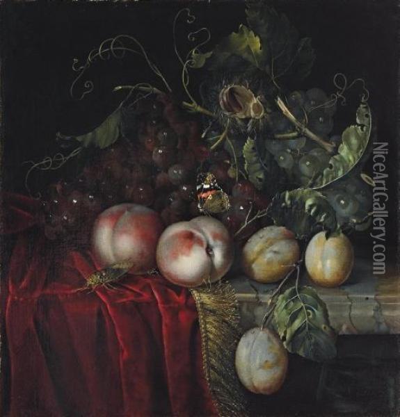 A Bunch Of Grapes, Two Peaches, Plums And A Chestnut, With A Butterfly And A Cockroach, On A Partly-draped Marble Ledge Oil Painting - Anna Elizabeth Ruysch