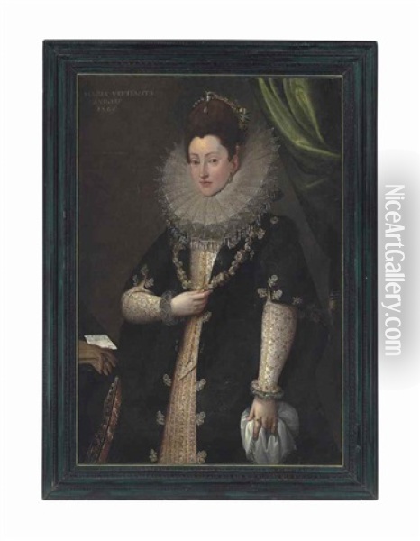 Portrait Of Maria Vertemata Panigarola, Three-quarter Length, In A Black Gown Over A Matching Embroidered Bodice And Skirt And A Reticella Lace Ruff Oil Painting - Frans Pourbus the younger