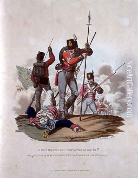 A Sergeant and Privates of the 87th, or Prince of Waless Own Irish Regiment on Service, from Costumes of the Army of the British Empire, according to the last regulations 1812, engraved by J.C. Stadler, published by Colnaghi and Co. 1812-15 Oil Painting - Charles Hamilton Smith