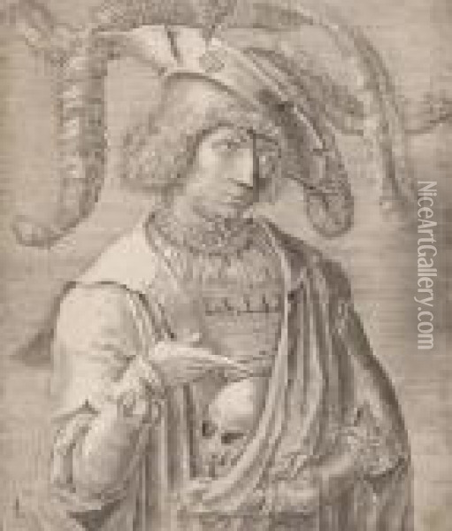 Young Man With Skull Oil Painting - Lucas Van Leyden