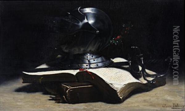 Still Life With Helmet, Sword, Books And Sprig Of Holly Oil Painting - Hippolyte Pierre Delanoy