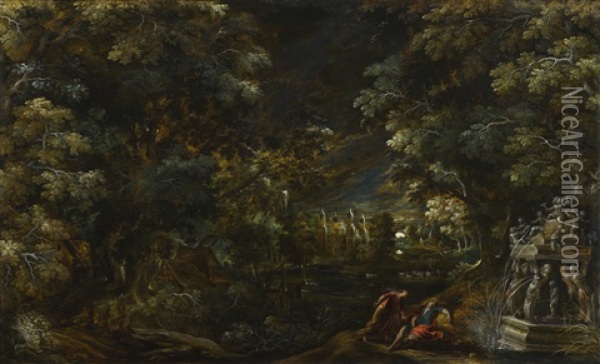 Landscape With Pyramus And Thisbe Oil Painting - Kerstiaen de Keuninck