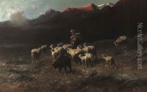 Eine Junge Hirtin Mit Ihrer Schafherde An Einem Gebirgssee Oil Painting - Christian Friedrich Mali