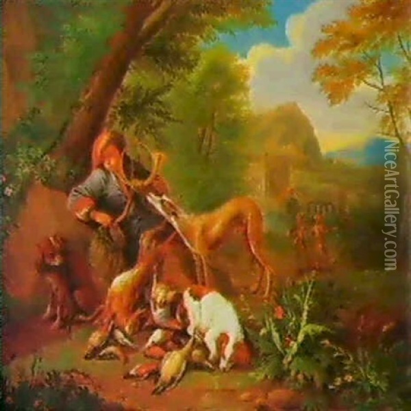 Jager Mit Seinen Hunden Und Beute. Oil Painting - Adriaen de Gryef