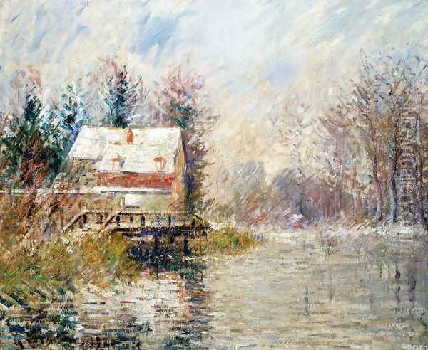 House by the Water, Snow Effect Oil Painting - Gustave Loiseau