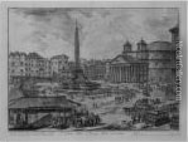 S. Croce In Gerusalemme; The 
Piazza Della Rotonda, With Thepantheon And Obelisk; The Palazzo Di Monte
 Citorio (h. 11, 17,23) Oil Painting - Giovanni Battista Piranesi