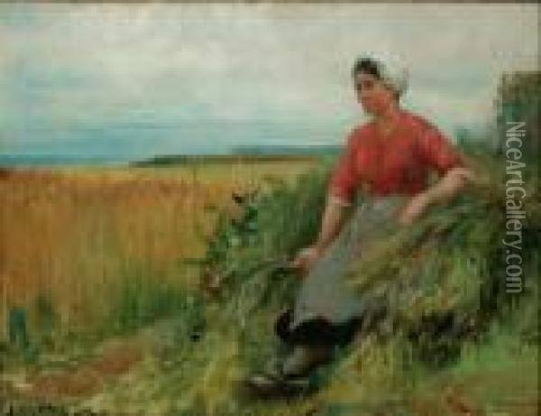 Breton Woman Resting With Scythe On A Sheath Of Wheat Oil Painting - Henry Bacon