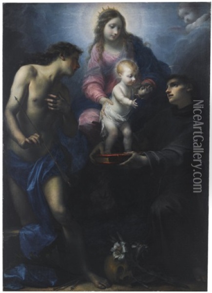The Virgin Presenting The Christ Child To Saint Anthony Of Padua With Saint Sebastian Oil Painting - Simone Pignoni