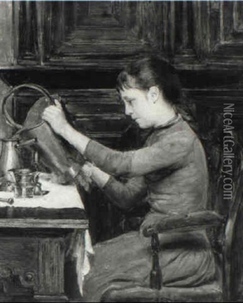 A Young Girl Polishing The Copper Oil Painting - Jacques-Emile Blanche