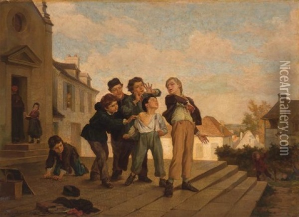 Boys Quarrelling On The Steps Of A Church Oil Painting - Andre Henri Dargelas