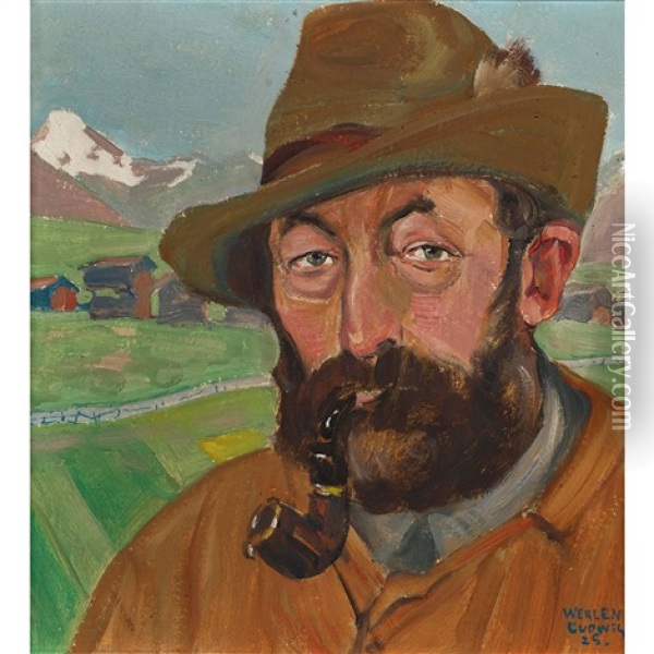 Portrat Eines Bauern Vor Bergkulisse Oil Painting - Ludwig Werlen