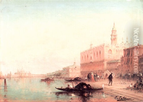 A View Of The Venitian Lagoon With Elegant Figure Outside The Doge's Palace And Gondolas Moored In The Foreground Oil Painting - Charles Clement Calderon