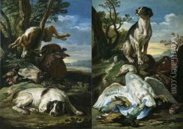 Pair Of Works: Hunting Still Lifes. Oil Painting - David de Coninck