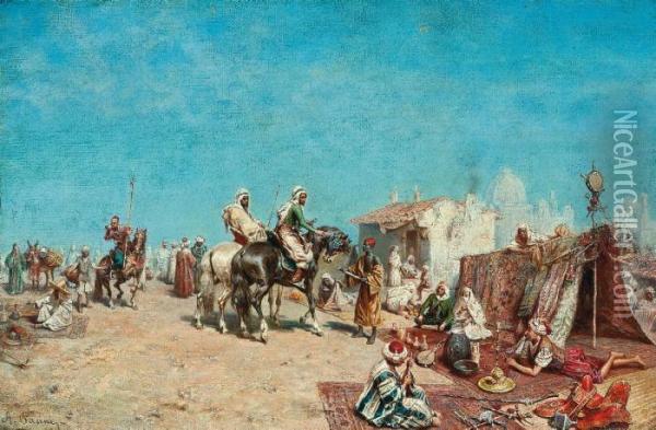 Arab Merchants At A Market By The City Walls Oil Painting - Alberto Pasini
