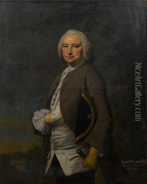 Portrait Of Edmund Pytts, Mp For
 Worcestershire 1741, Three-quarter-length, Standing In A Grey Coat And A
 Tricorn Hat Under His Arm Oil Painting - Joseph Highmore