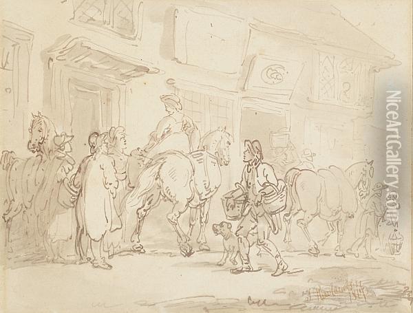Figures Outside Of A Tavern Oil Painting - Thomas Rowlandson