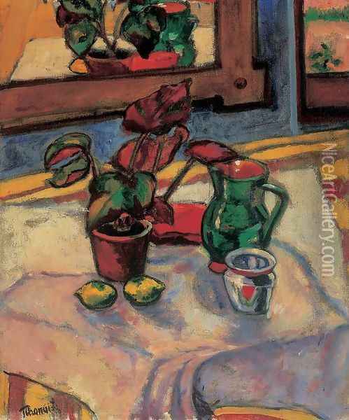 Still-life with Flowes in a Pot 1909 Oil Painting - Lajos Tihanyi